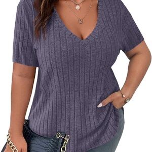 Ribbed V-Neck Short Sleeve Top - 1X blue/gray